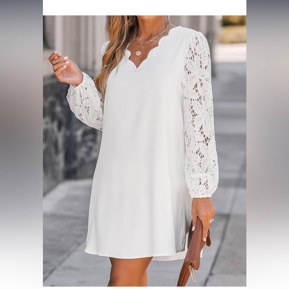CUPSHE Women's Mini Dress Scalloped V Neck Lace Appliques Long Sleeve - Picture 2 of 8